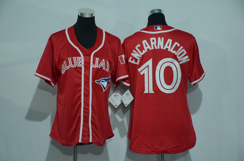 Womens 2017 MLB Toronto Blue Jays #10 Encarnacion Red Jerseys->women mlb jersey->Women Jersey